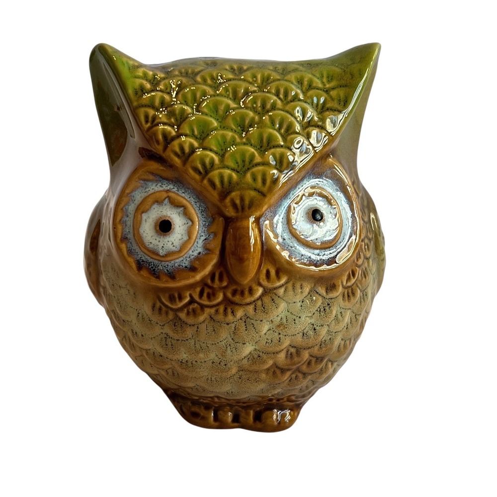 Vintage Ceramic Owl Figurine Green Brown Drip Glaze Textured Pottery Decor 4.5"